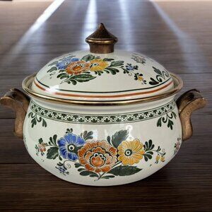 Vintage Asta Enamelware Floral Cookware With Brass Handles Germany with Lid .
